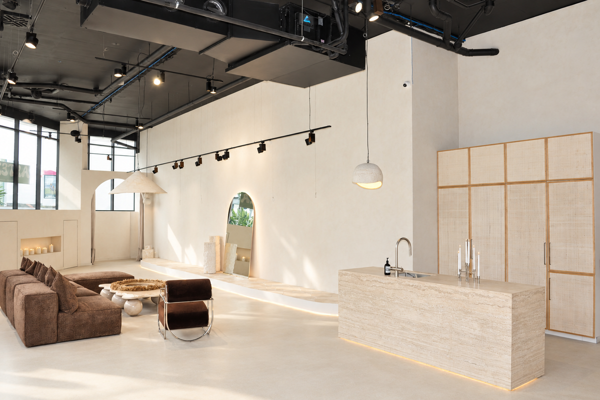 Natural light across the travertine kitchen and lounge at Artemuse Studio